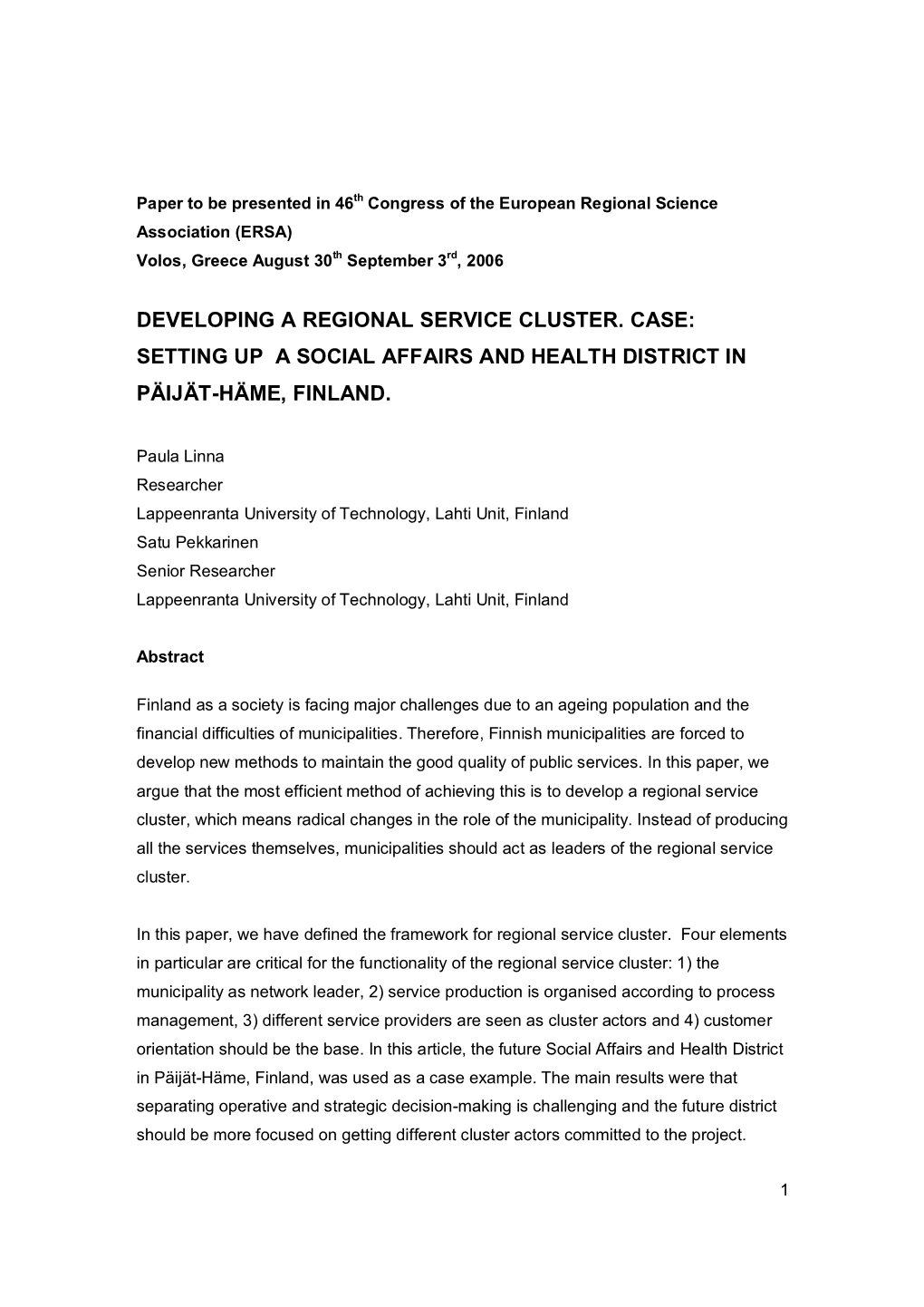 Setting up a Social Affairs and Health District in Päijät-Häme, Finland