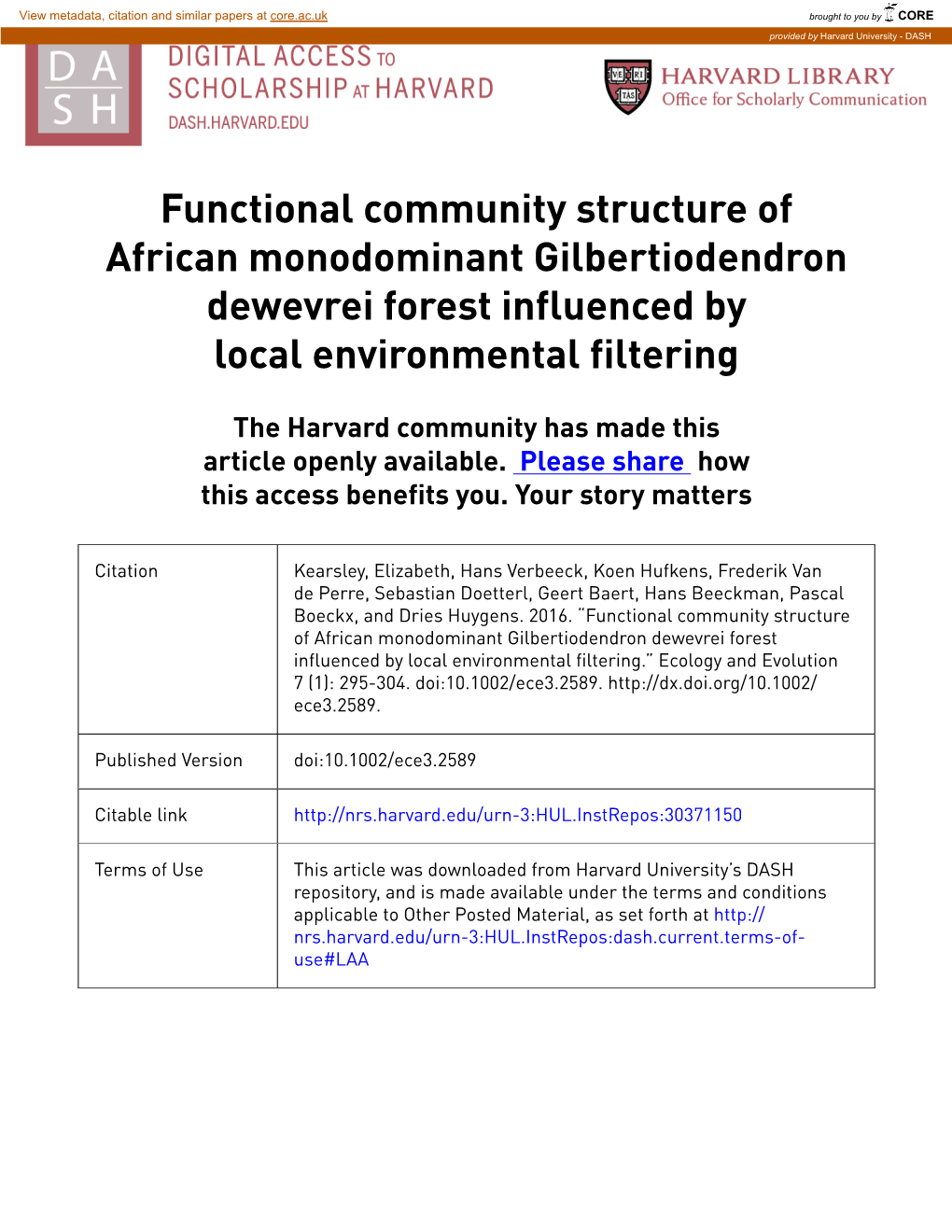 Functional Community Structure of African Monodominant Gilbertiodendron Dewevrei Forest Influenced by Local Environmental Filtering