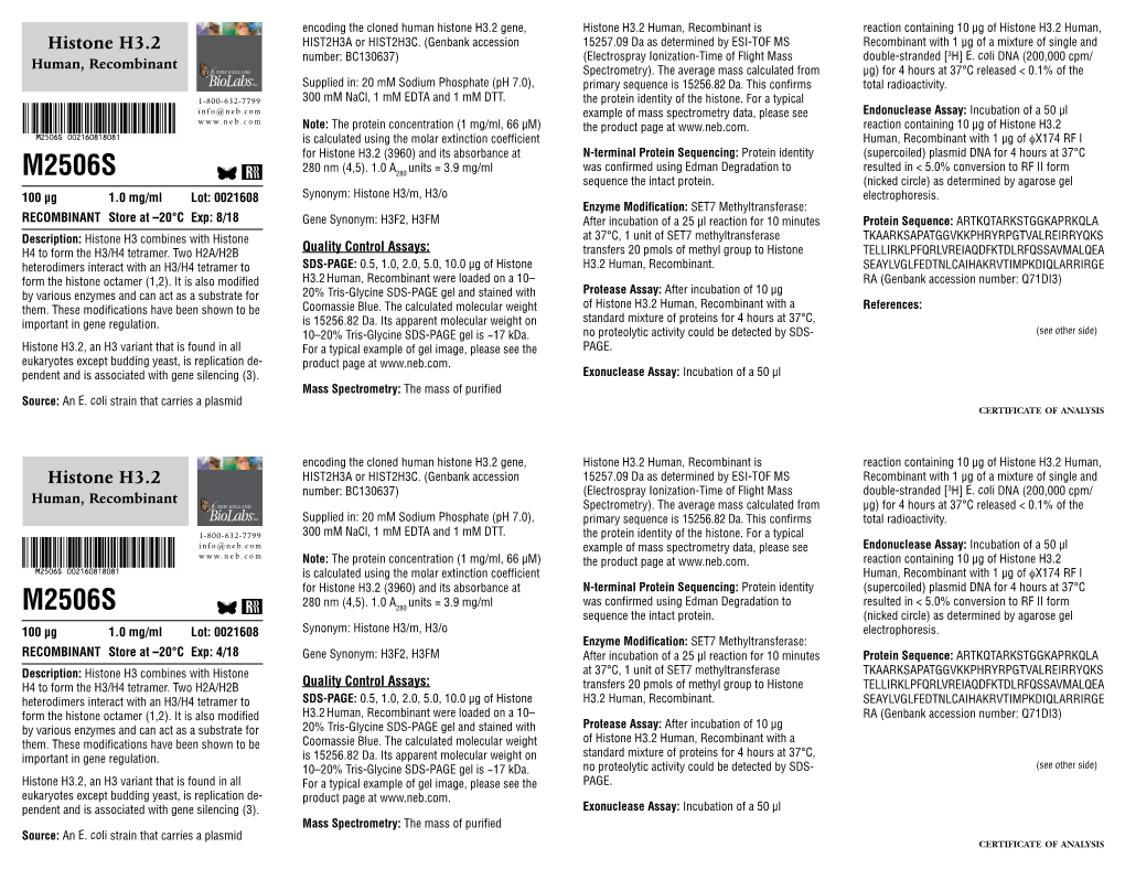 Datasheet for Histone H3.2 Human, Recombinant (M2506; Lot 0021608)