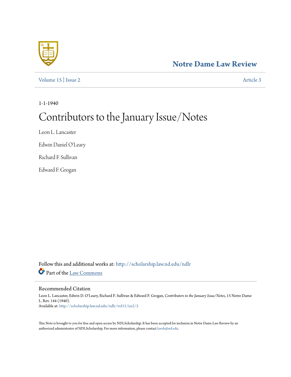 Contributors to the January Issue/Notes Leon L