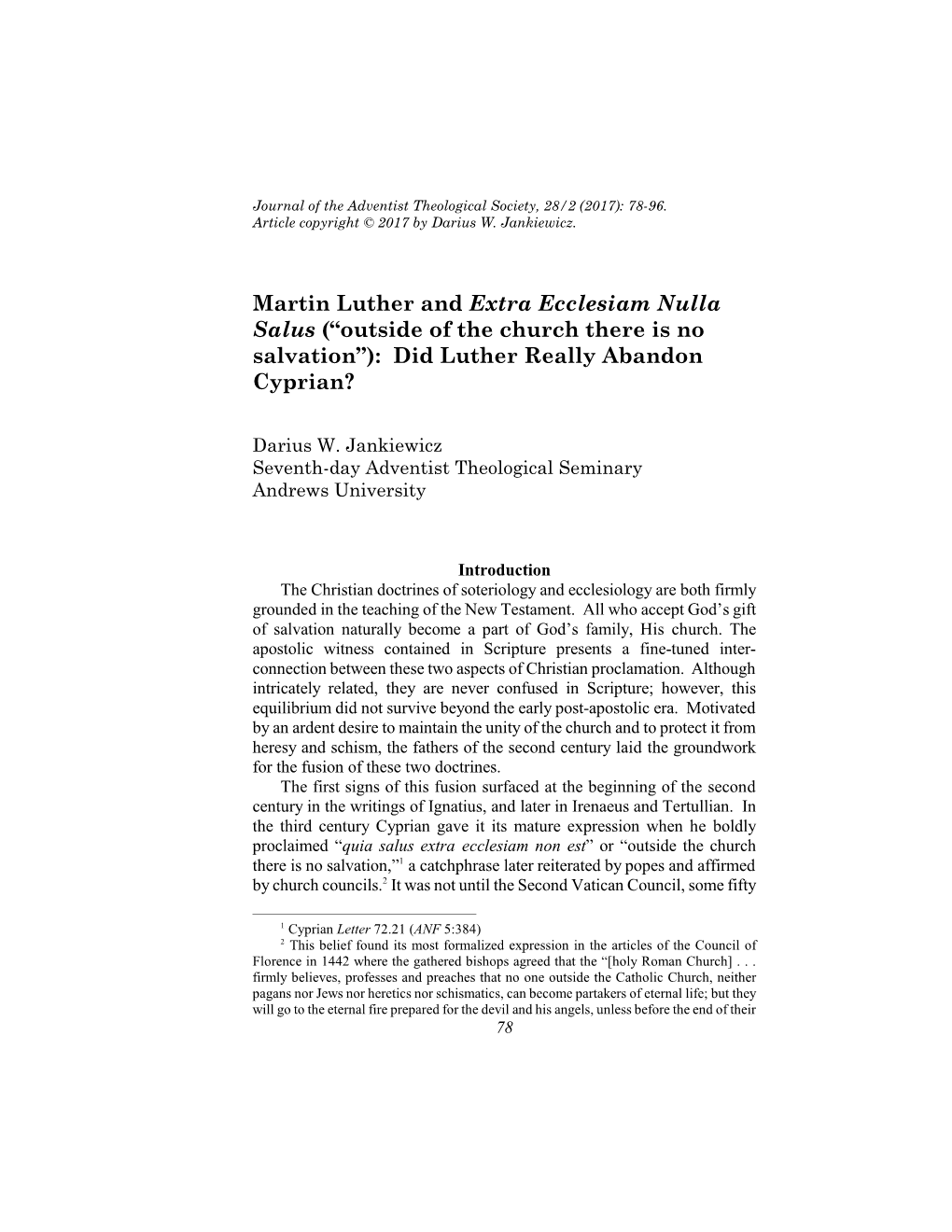 Martin Luther and Extra Ecclesiam Nulla Salus (“Outside of the Church There Is No Salvation”): Did Luther Really Abandon Cyprian?