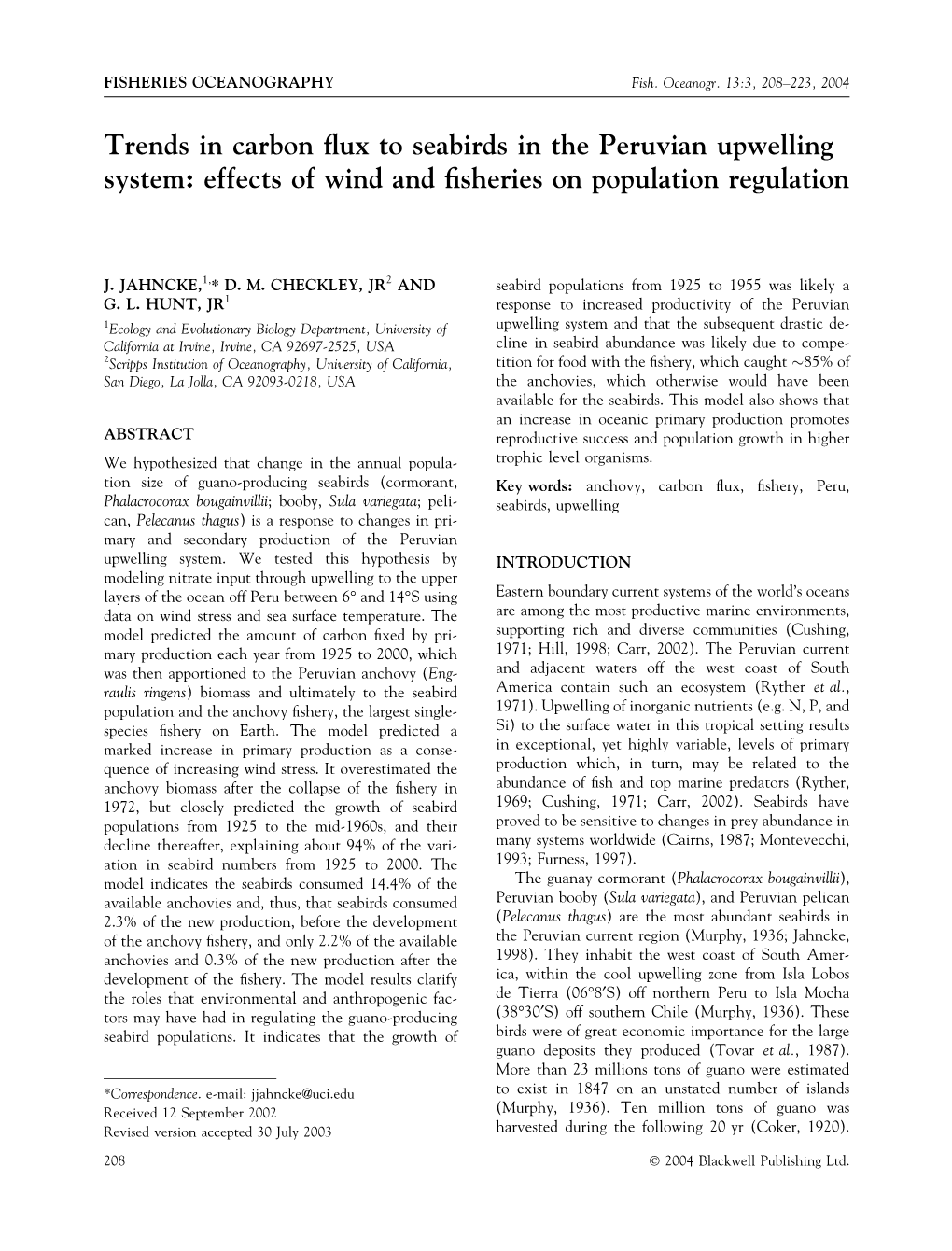 Trends in Carbon Flux to Seabirds in the Peruvian Upwelling System