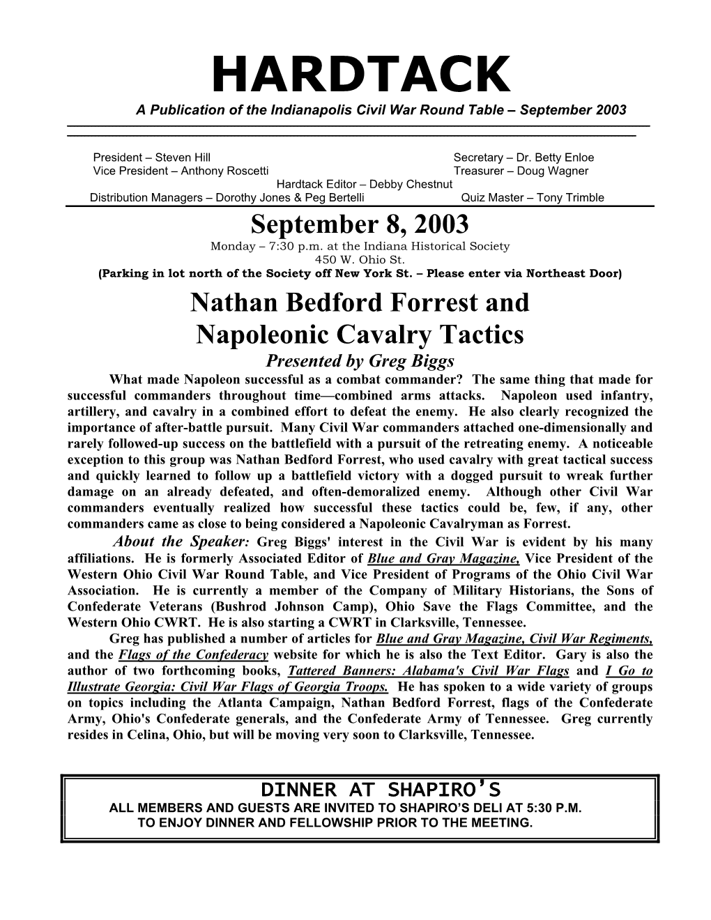 HARDTACK a Publication of the Indianapolis Civil War Round Table – September 2003 ______