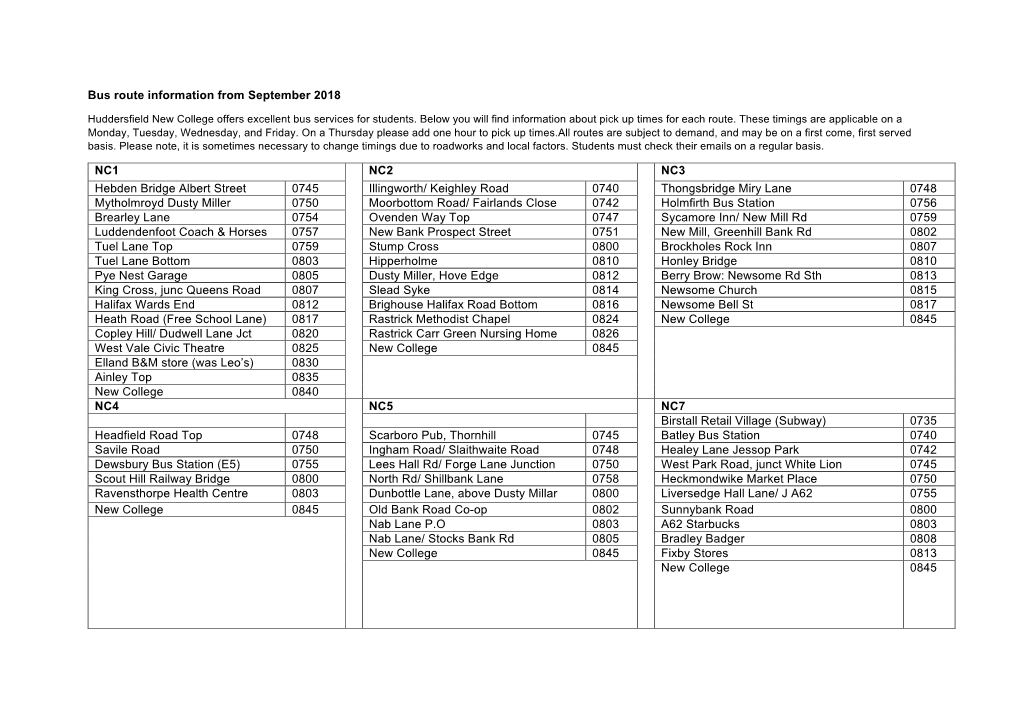 Bus Route Information from September 2018 NC1 NC2 NC3 Hebden