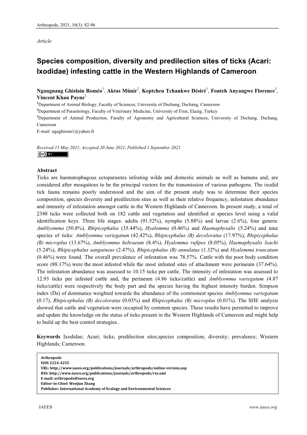 Species Composition, Diversity and Predilection Sites of Ticks (Acari: Ixodidae) Infesting Cattle in the Western Highlands of Cameroon