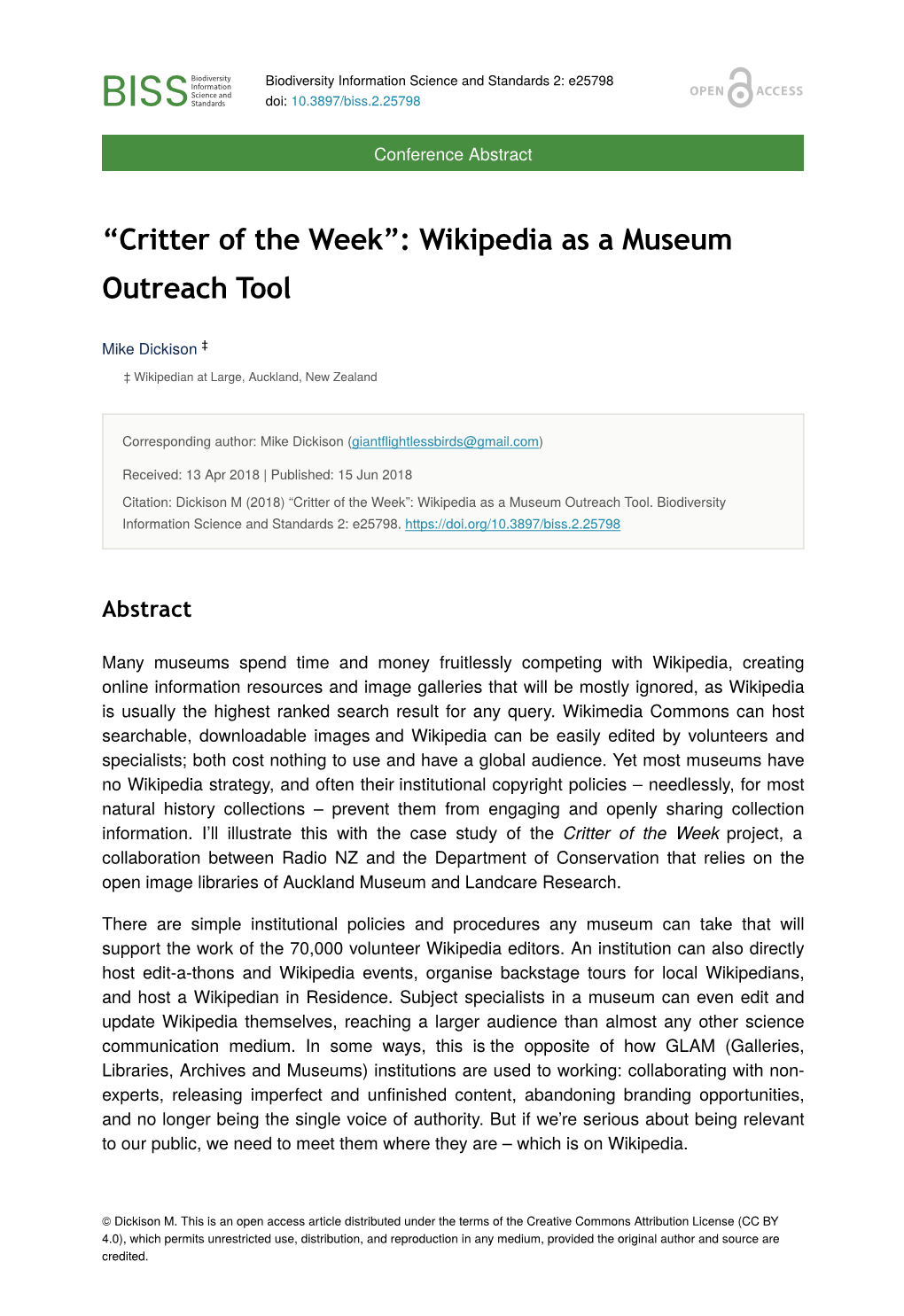 “Critter of the Week”: Wikipedia As a Museum Outreach Tool