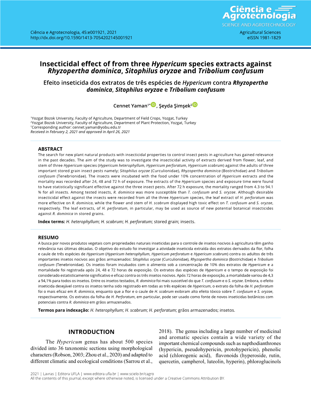 Insecticidal Effect of from Three Hypericum Species Extracts Against Rhyzopertha Dominica, Sitophilus Oryzae and Tribolium Confu