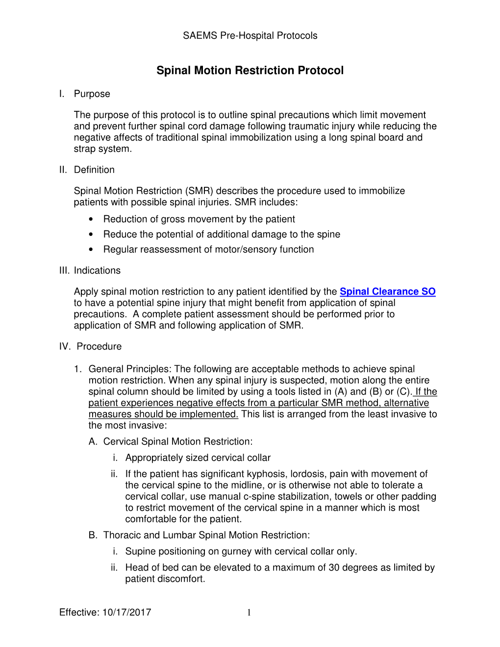 Spinal Motion Restriction Protocol