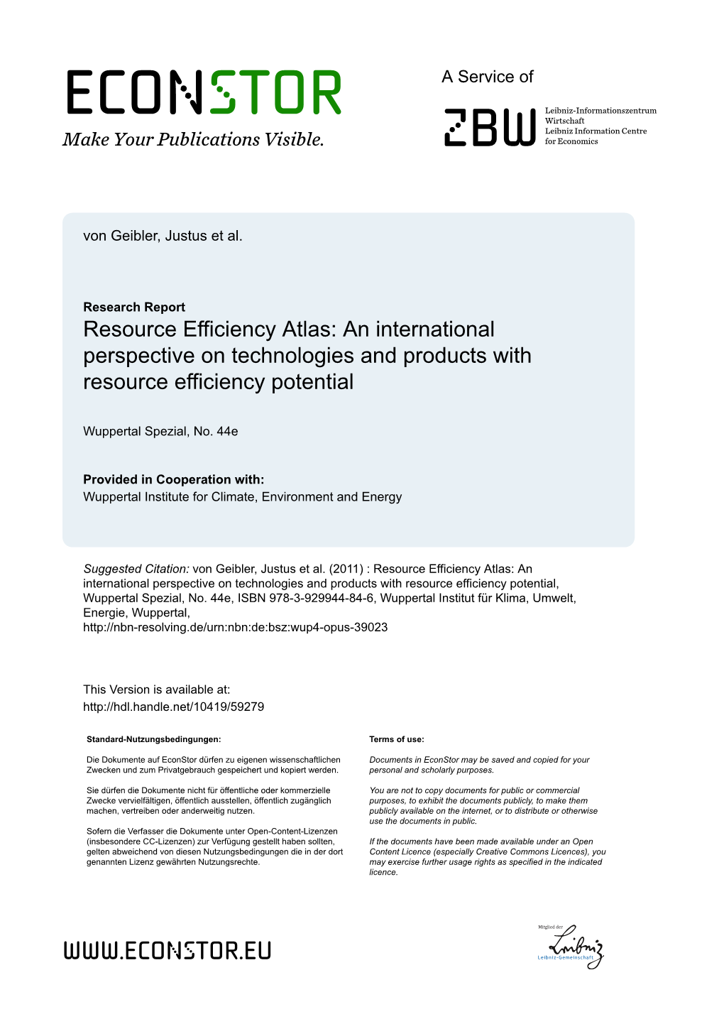 Resource Efficiency Atlas: an International Perspective on Technologies and Products with Resource Efficiency Potential