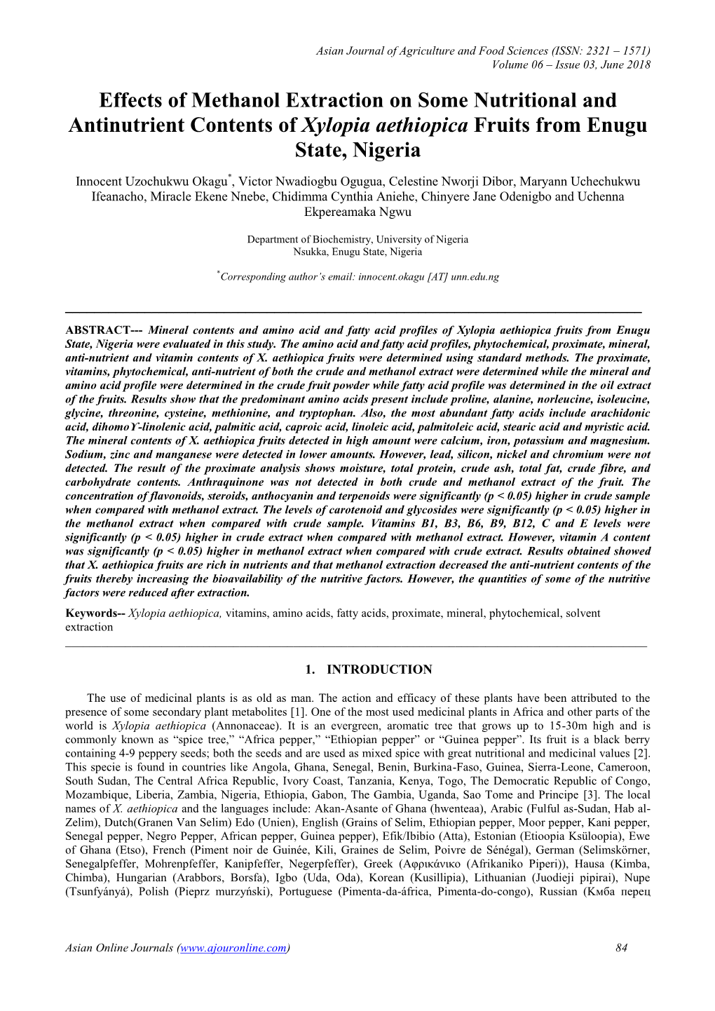 Effects of Methanol Extraction on Some Nutritional and Antinutrient Contents of Xylopia Aethiopica Fruits from Enugu State, Nigeria