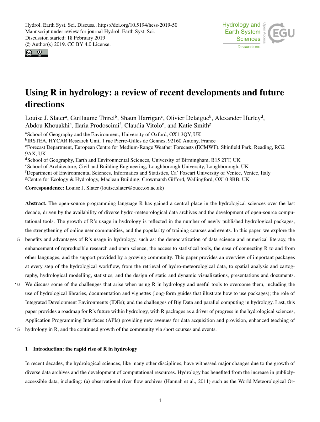 Using R in Hydrology: a Review of Recent Developments and Future Directions Louise J