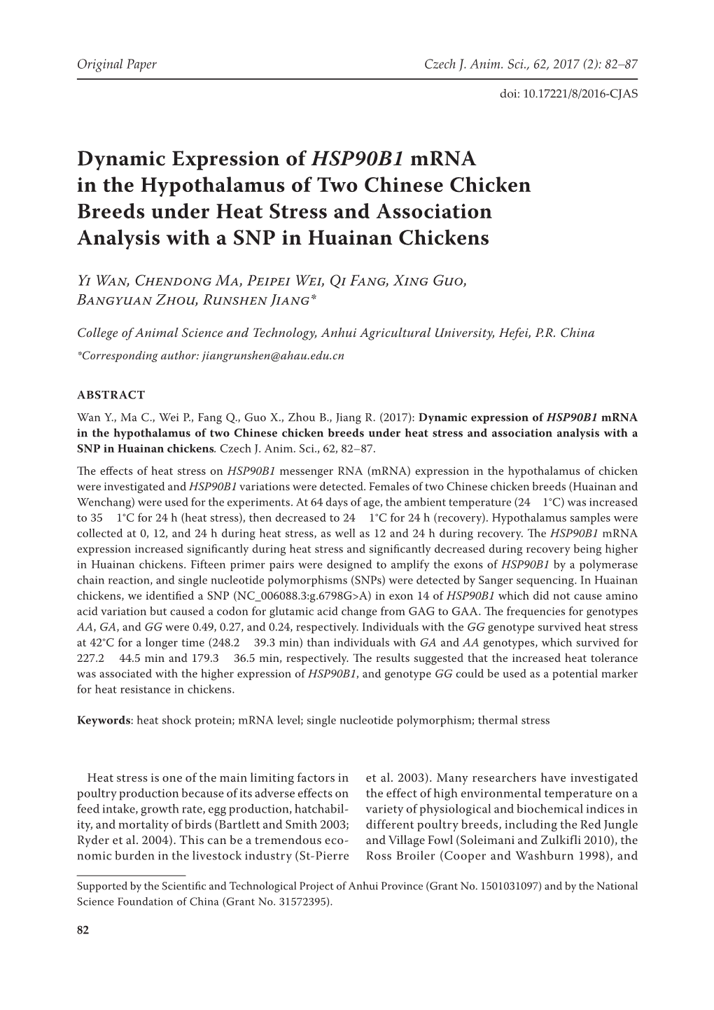 Dynamic Expression of HSP90B1 Mrna in the Hypothalamus of Two Chinese Chicken Breeds Under Heat Stress and Association Analysis with a SNP in Huainan Chickens