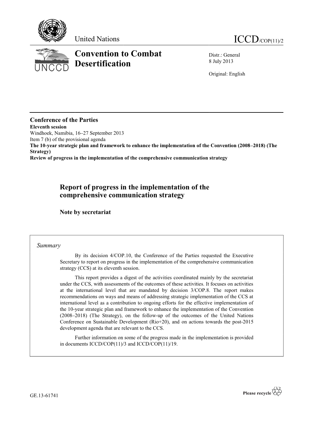 United Nations Convention to Combat Desertification (UNCCD) Activity of the World Day to Combat Desertification (WDCD) on 17 June