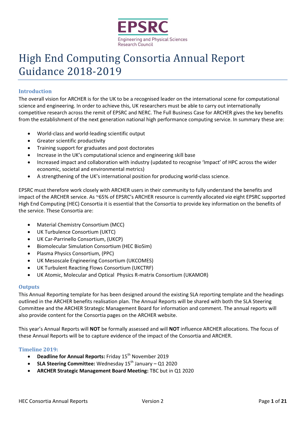 High End Computing Consortia Annual Report Guidance 2018-2019