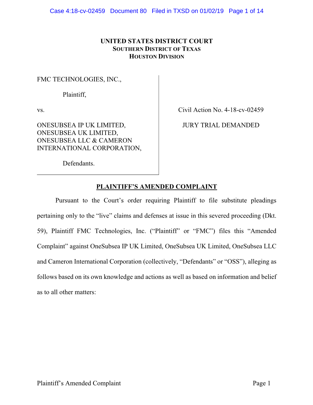 Plaintiff's Amended Complaint Page 1 UNITED STATES DISTRICT