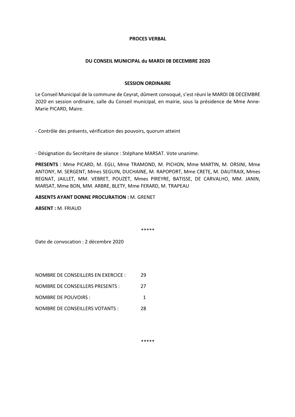 PROCES VERBAL DU CONSEIL MUNICIPAL Du MARDI 08