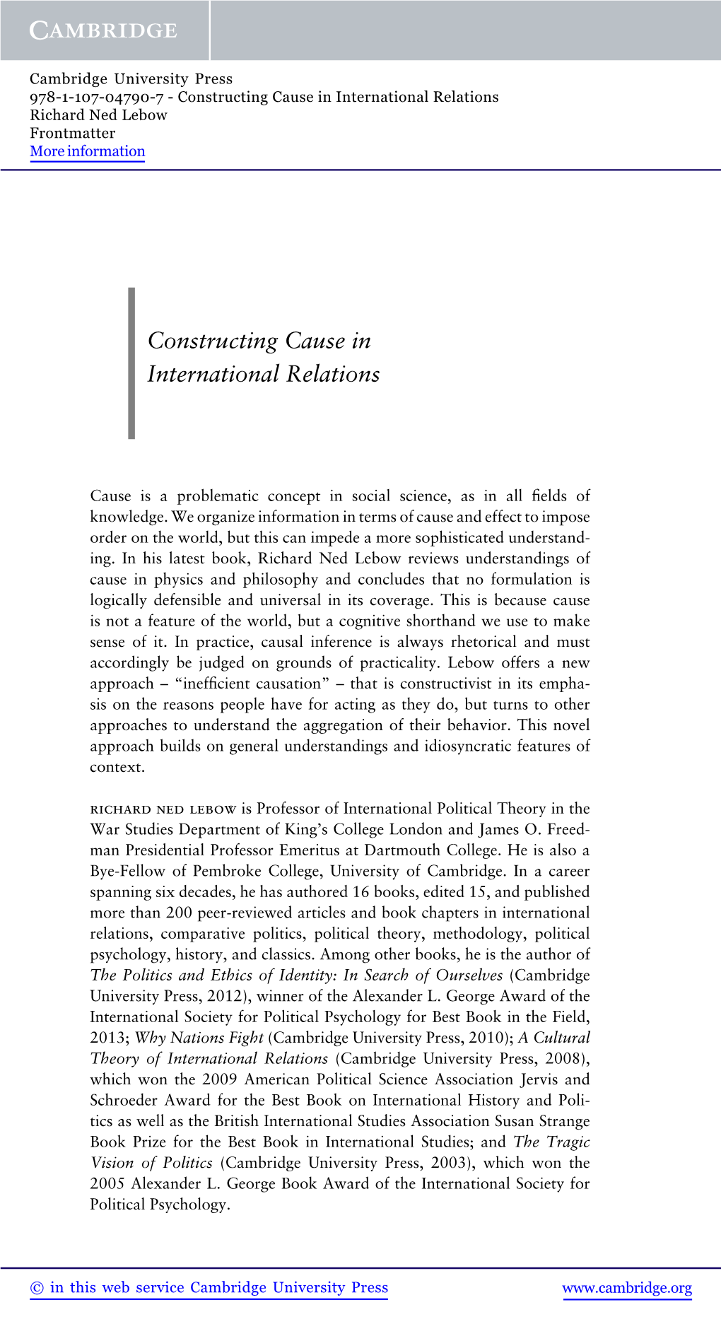 Constructing Cause in International Relations Richard Ned Lebow Frontmatter More Information