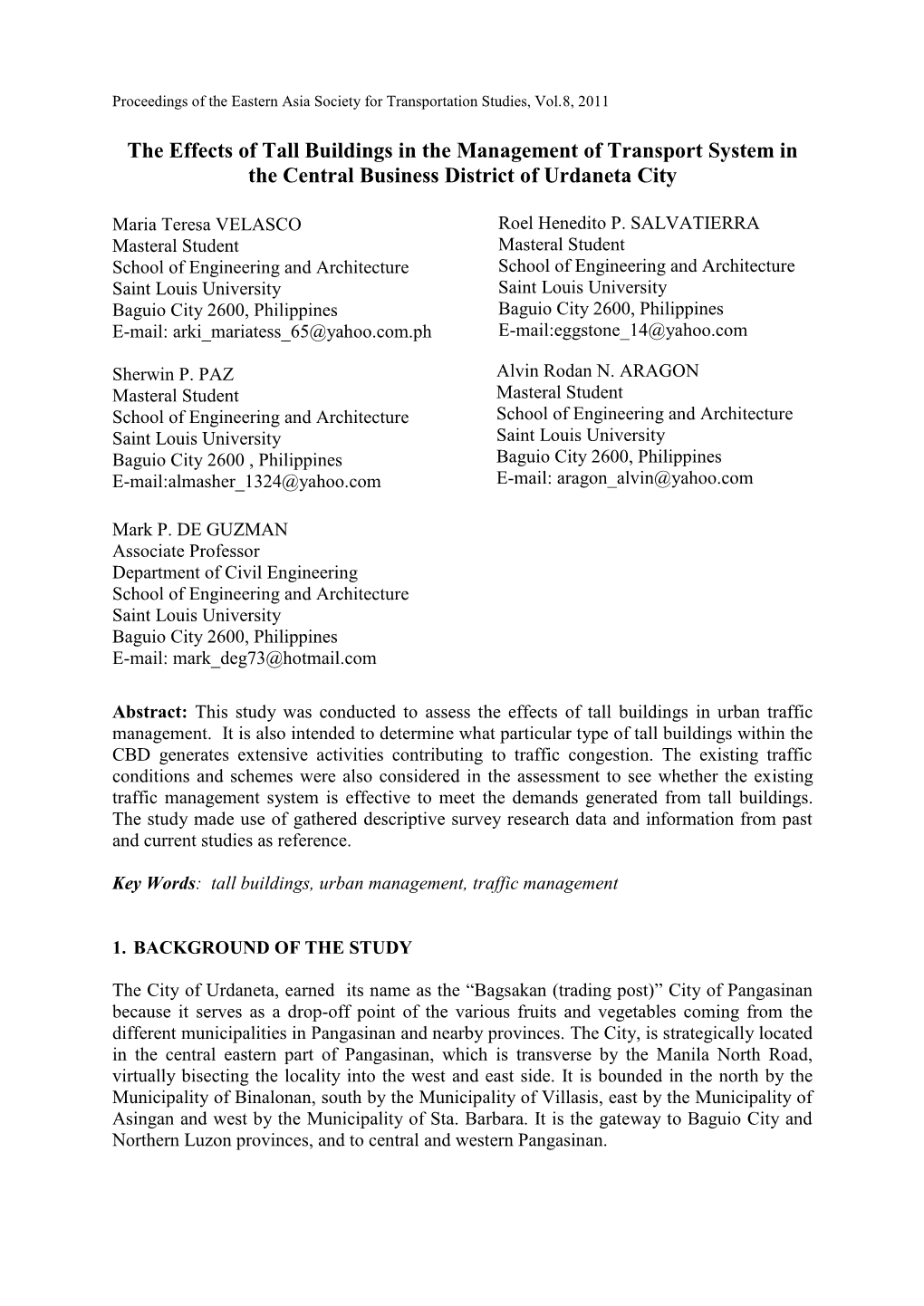 The Effects of Tall Buildings in the Management of Transport System in the Central Business District of Urdaneta City