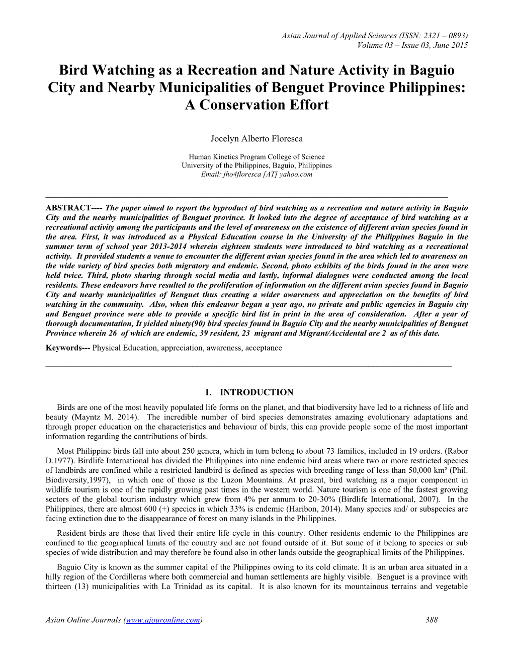 Bird Watching As a Recreation and Nature Activity in Baguio City and Nearby Municipalities of Benguet Province Philippines: a Conservation Effort