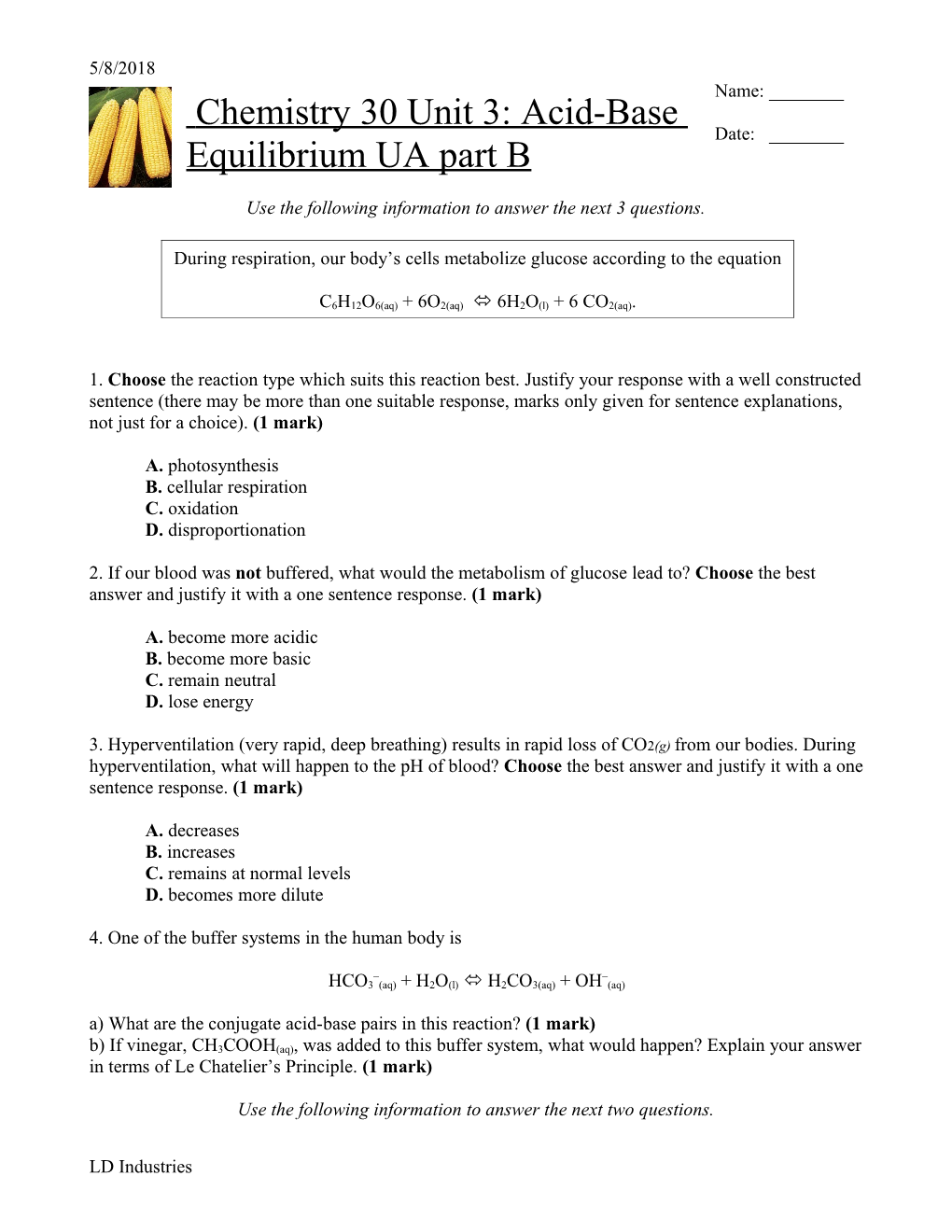 Chemistry 30 Unit 3: Acid-Base Equilibrium UA Part B