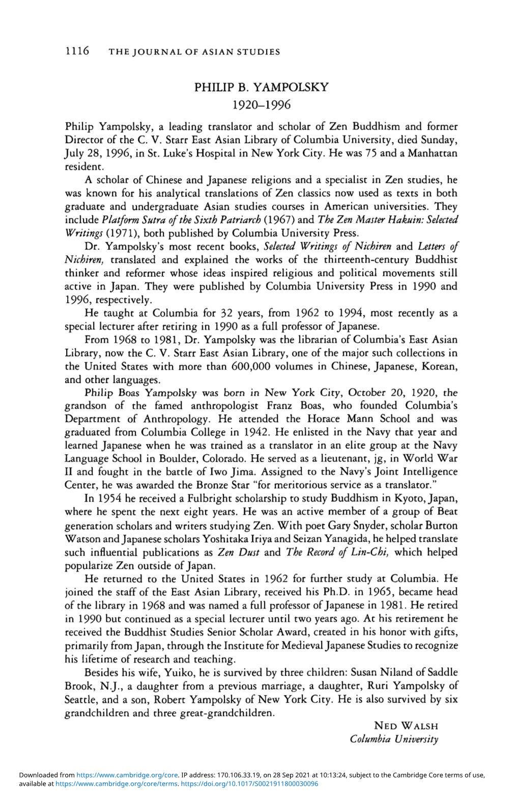 PHILIP B. YAMPOLSKY 1920-1996 Philip Yampolsky, a Leading Translator and Scholar of Zen Buddhism and Former Director of the C