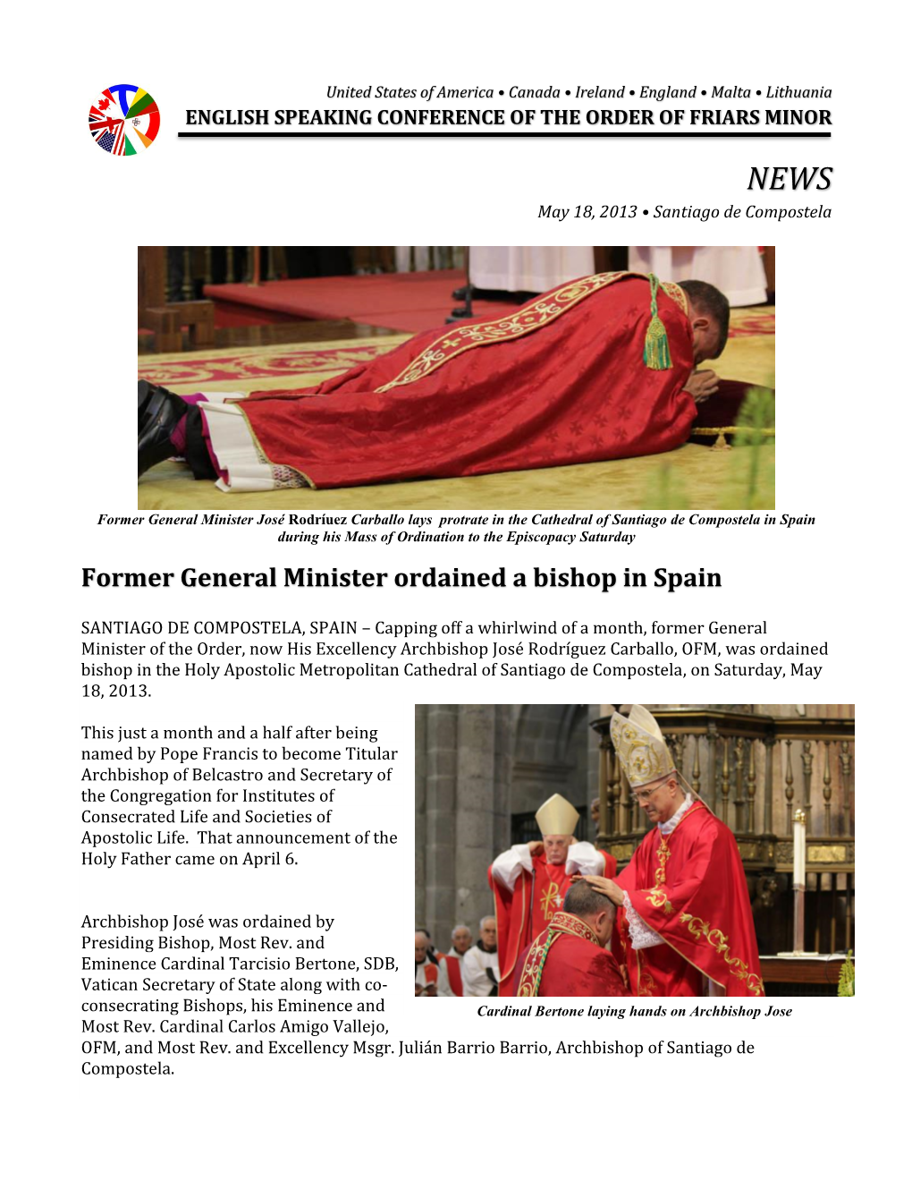 Former General Minister Ordained a Bishop in Spain