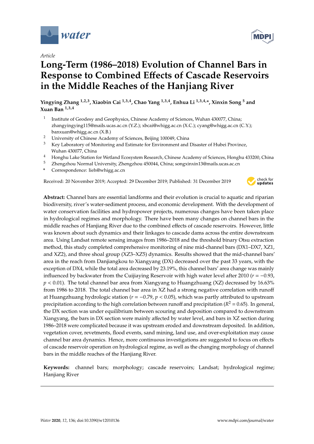 Long-Term (1986–2018) Evolution of Channel Bars in Response to Combined Eﬀects of Cascade Reservoirs in the Middle Reaches of the Hanjiang River