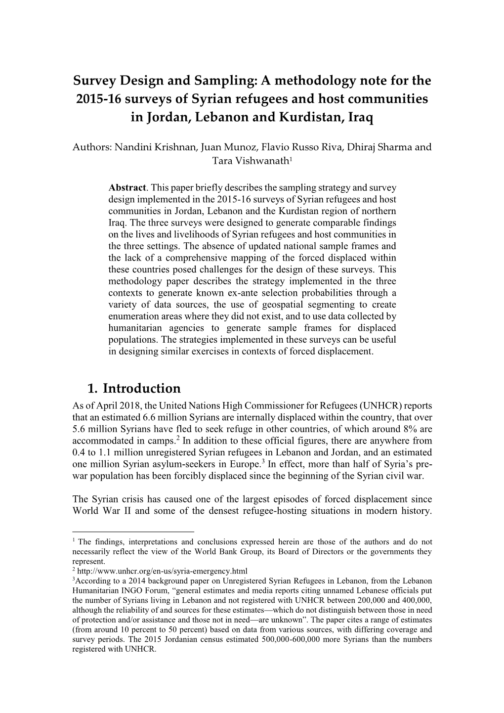 A Methodology Note for the 2015-16 Surveys of Syrian Refugees and Host Communities in Jordan, Lebanon and Kurdistan, Iraq
