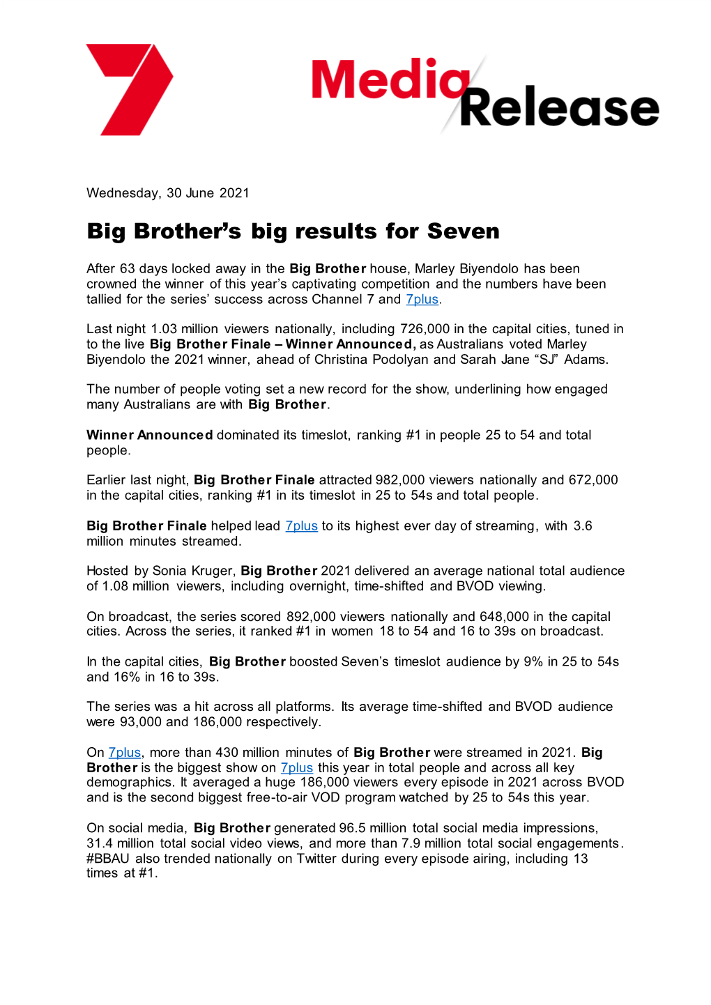 Big Brother's Big Results for Seven