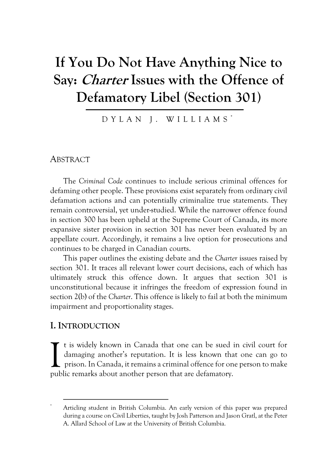 Charter Issues with the Offence of Defamatory Libel (Section 301)