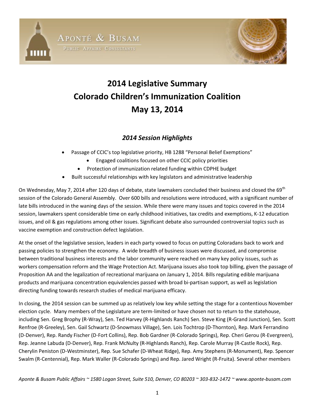 2014 Legislative Summary Colorado Children's Immunization Coalition