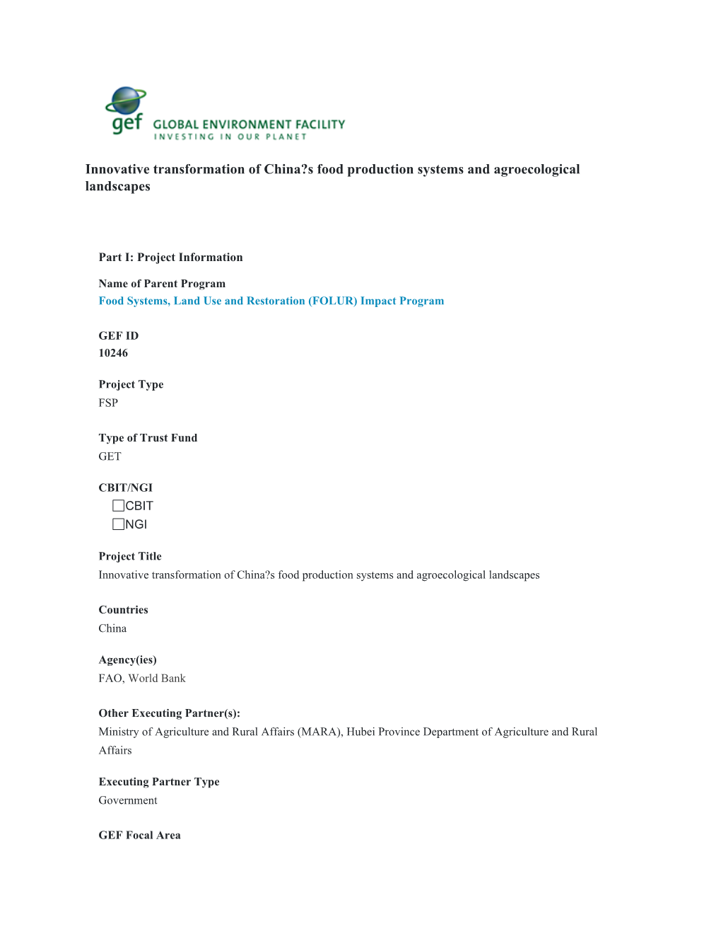 Global Environment Facility (GEF) Operations