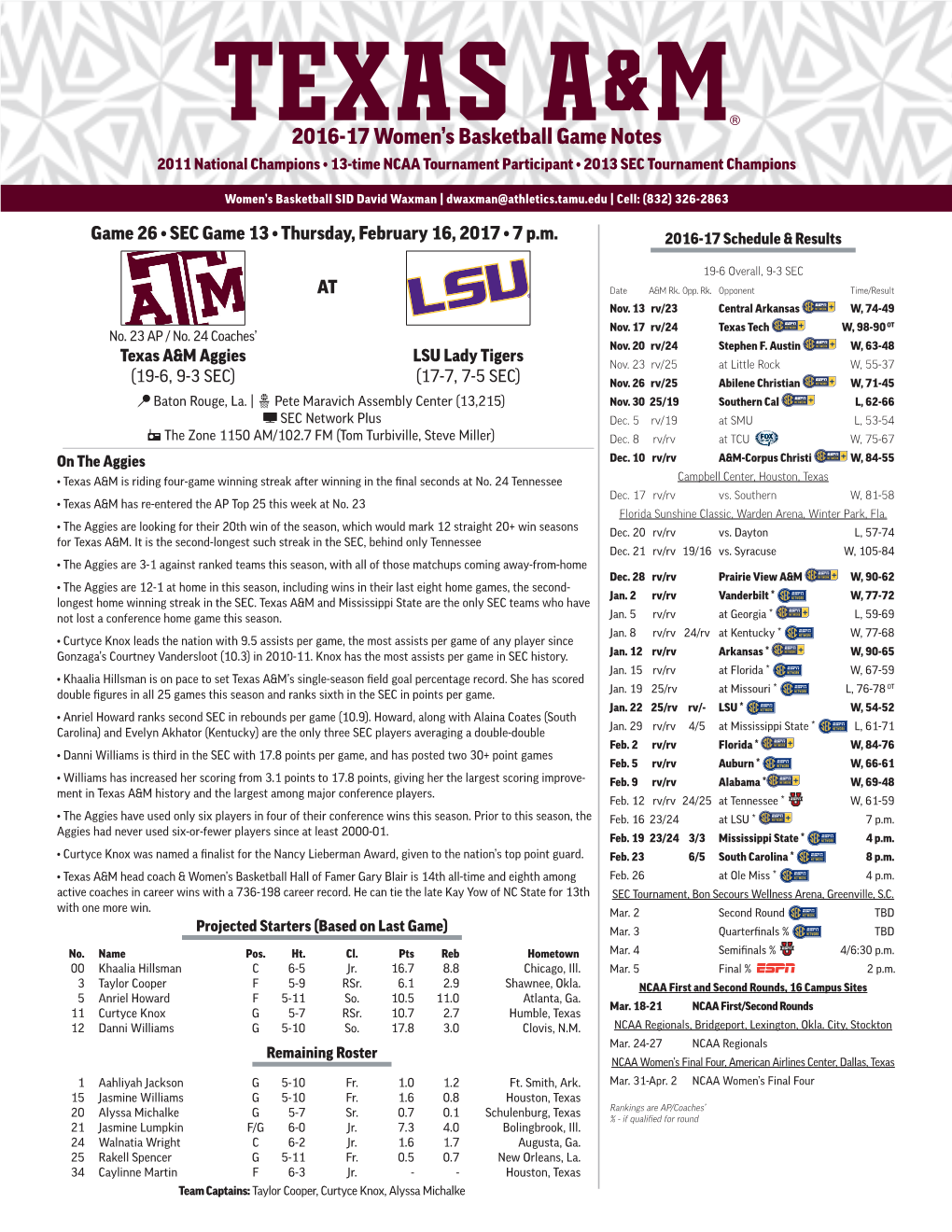 2016-17 Women's Basketball Game Notes