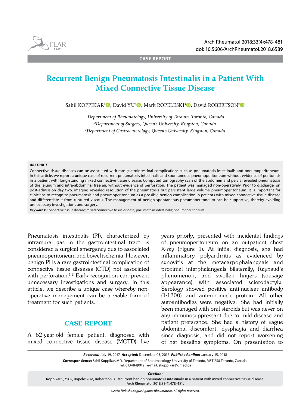 Recurrent Benign Pneumatosis Intestinalis in a Patient with Mixed Connective Tissue Disease