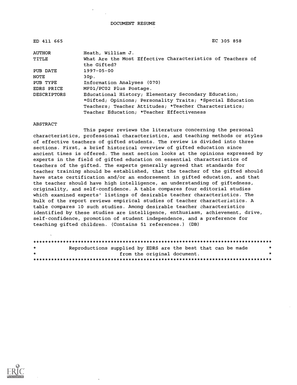 What Are the Most Effective Characteristics of Teachers of the Gifted? PUB DATE 1997-05-00 NOTE 30P