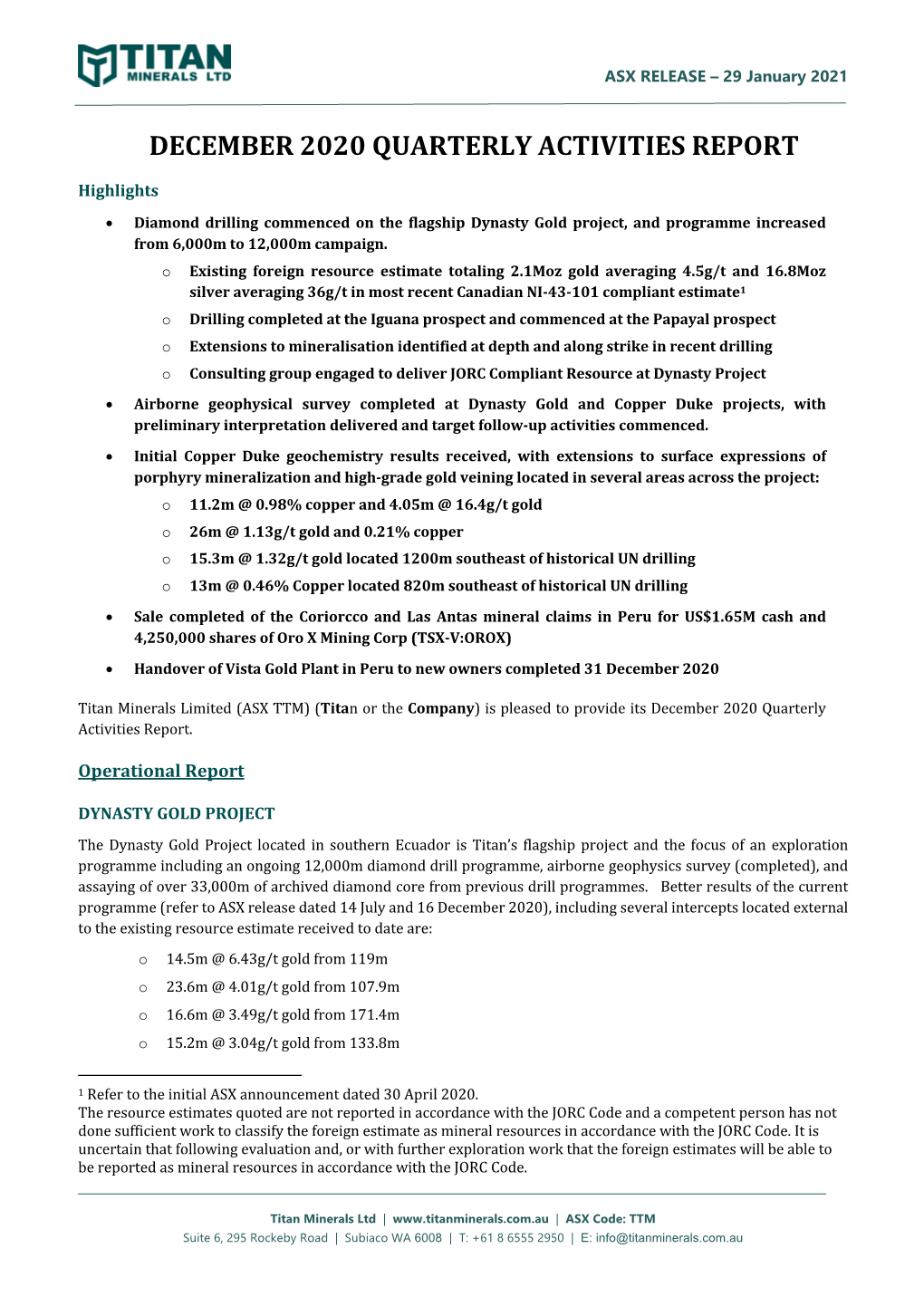 December 2020 Quarterly Activities Report