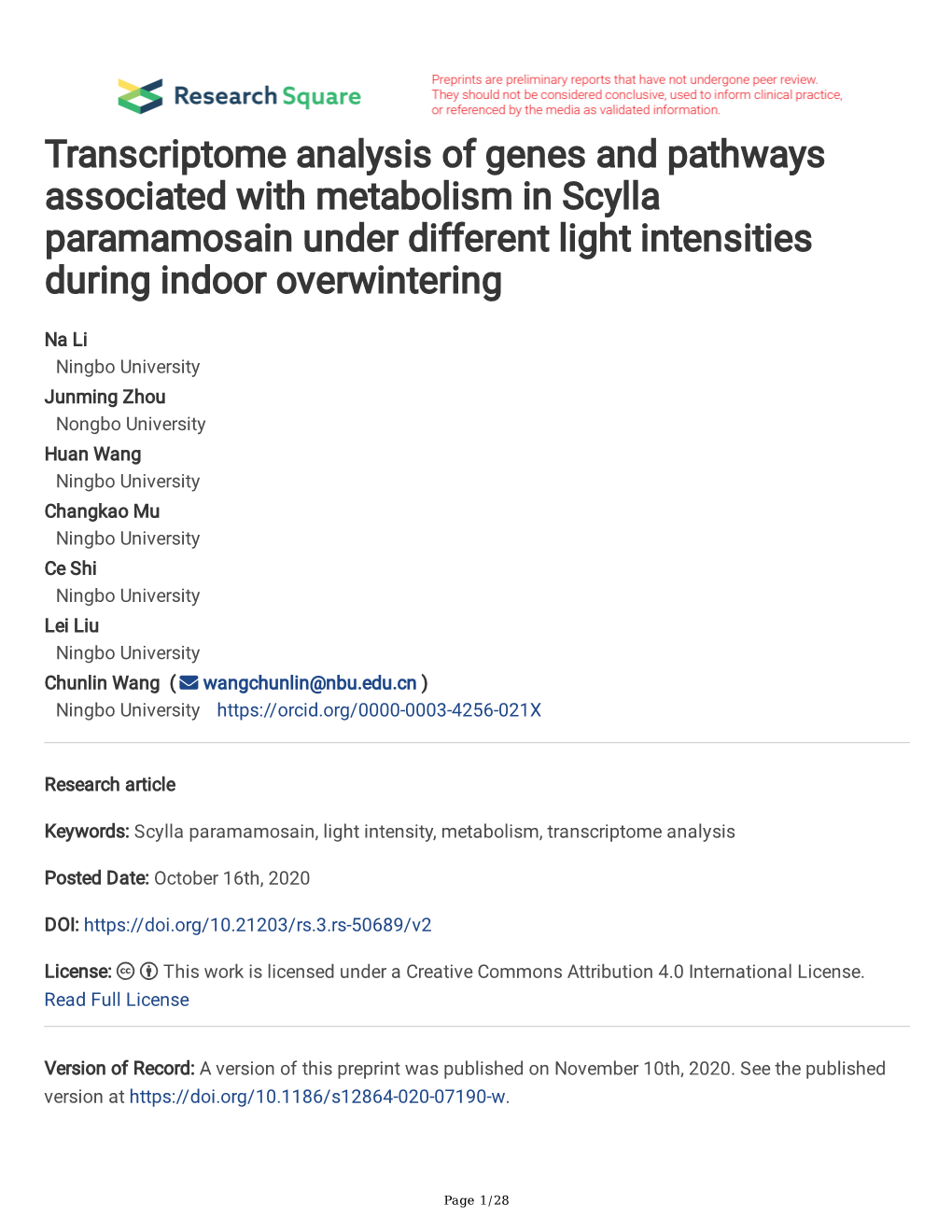 Transcriptome Analysis of Genes and Pathways Associated with Metabolism in Scylla Paramamosain Under Different Light Intensities During Indoor Overwintering