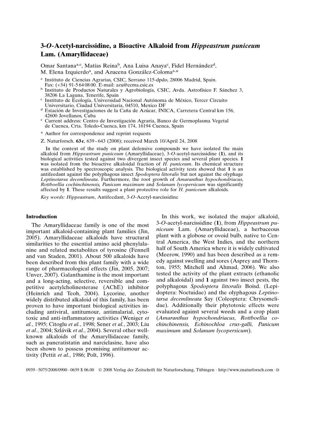 3-O-Acetyl-Narcissidine, a Bioactive Alkaloid from Hippeastrum Puniceum Lam. (Amaryllidaceae)