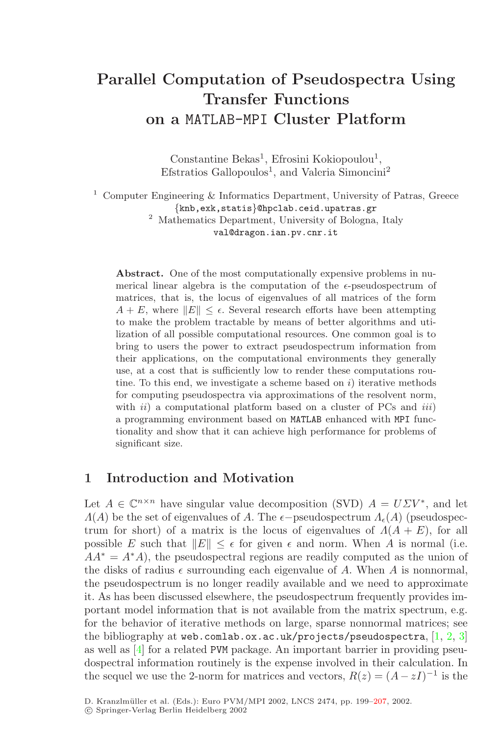 Parallel Computation of Pseudospectra Using Transfer Functions on a MATLAB-MPI Cluster Platform