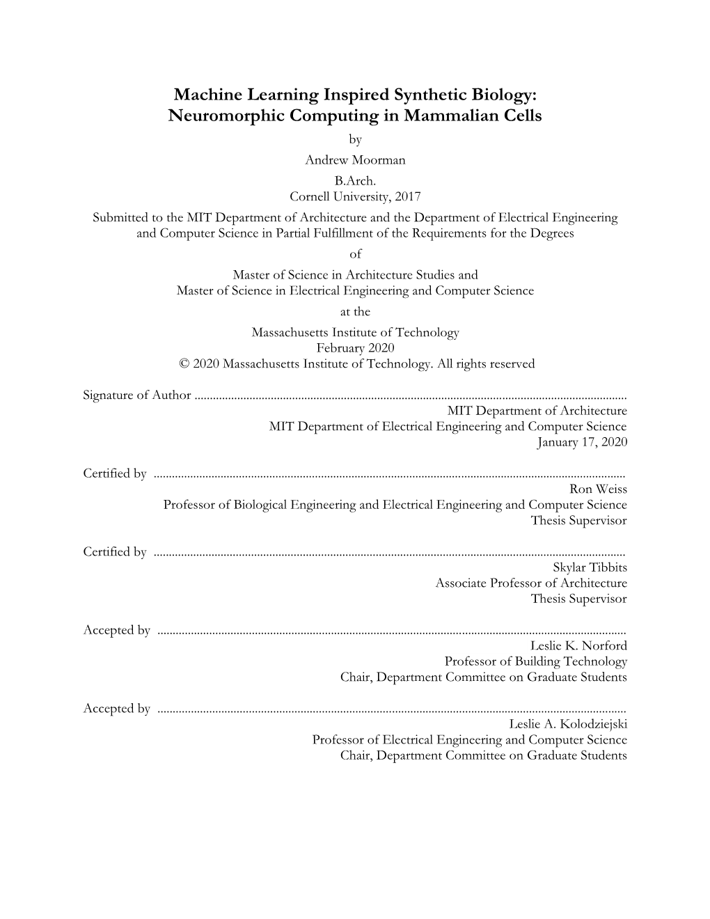 Machine Learning Inspired Synthetic Biology: Neuromorphic Computing in Mammalian Cells by Andrew Moorman