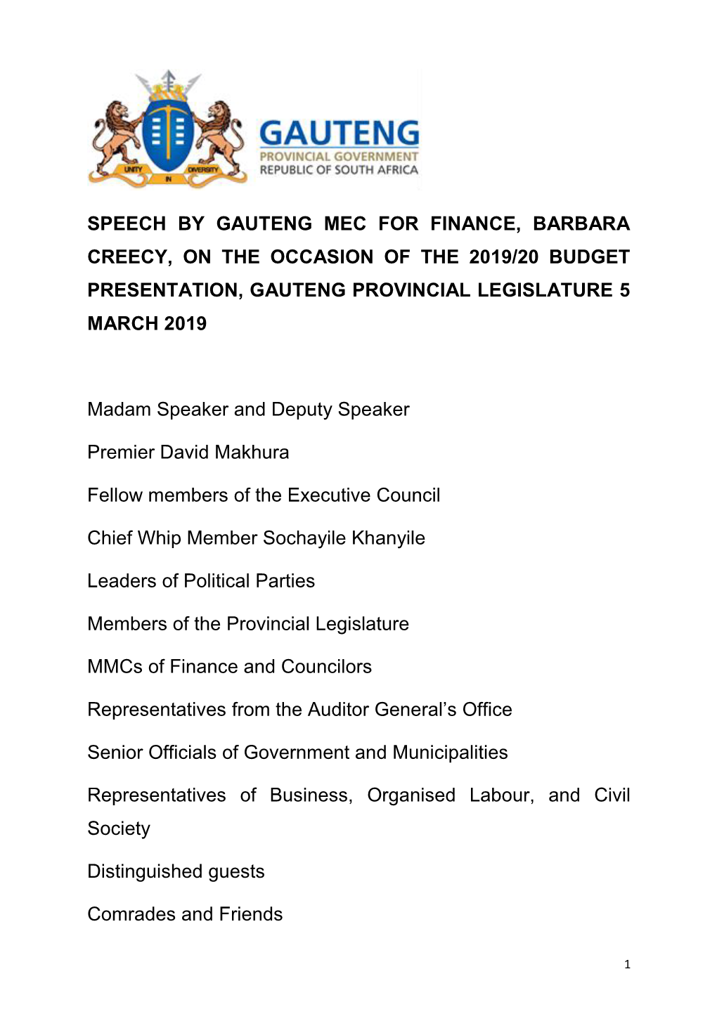 Gauteng Mec for Finance, Barbara Creecy, on the Occasion of the 2019/20 Budget Presentation, Gauteng Provincial Legislature 5 March 2019