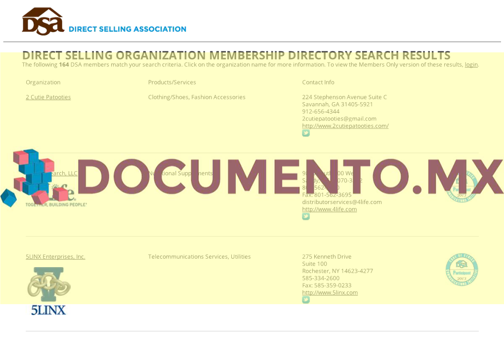 DIRECT SELLING ORGANIZATION MEMBERSHIP DIRECTORY SEARCH RESULTS the Following 164 DSA Members Match Your Search Criteria