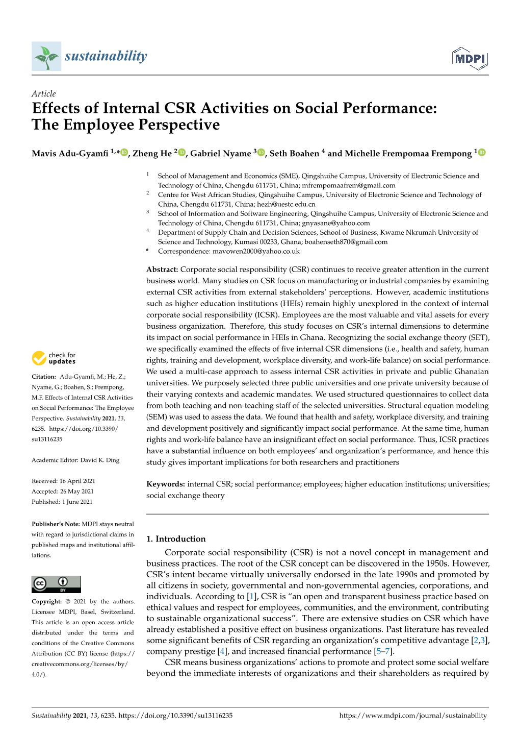 Effects of Internal CSR Activities on Social Performance: the Employee Perspective