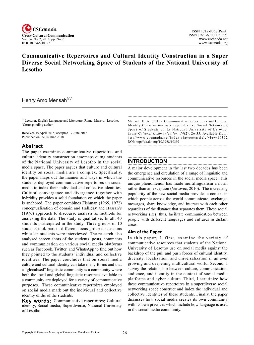 Communicative Repertoires and Cultural Identity Construction in a Super Diverse Social Networking Space of Students of the National University of Lesotho