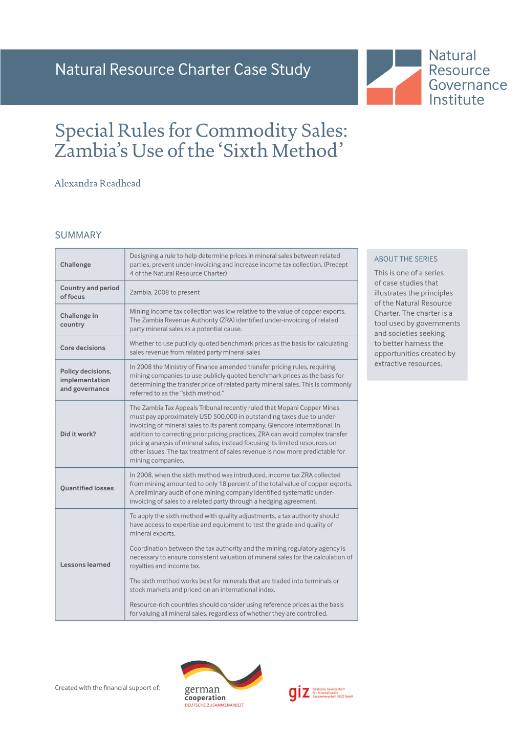 Special Rules for Commodity Sales: Zambia's Use of the 'Sixth Method'