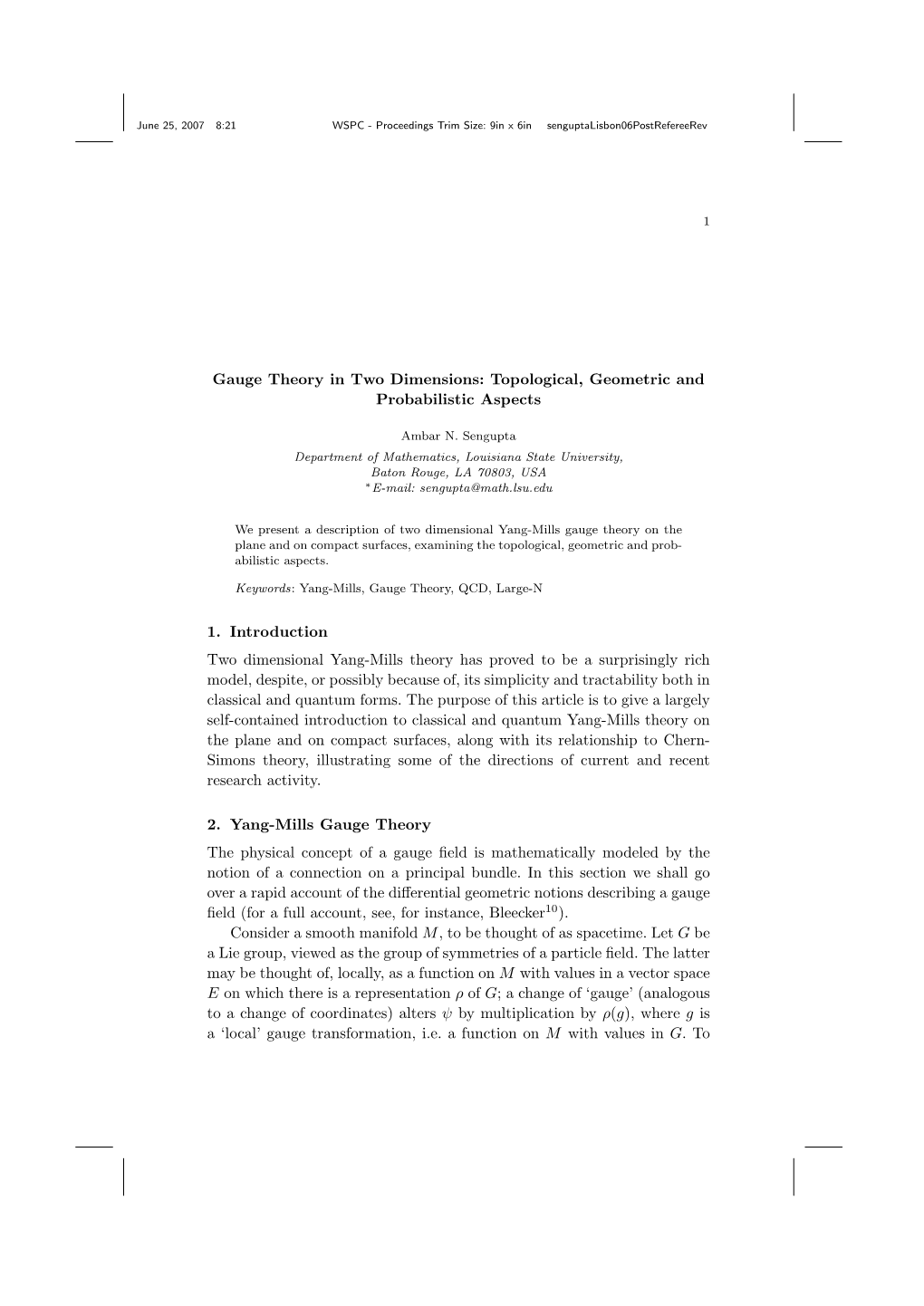 Gauge Theory in Two Dimensions: Topological, Geometric and Probabilistic Aspects