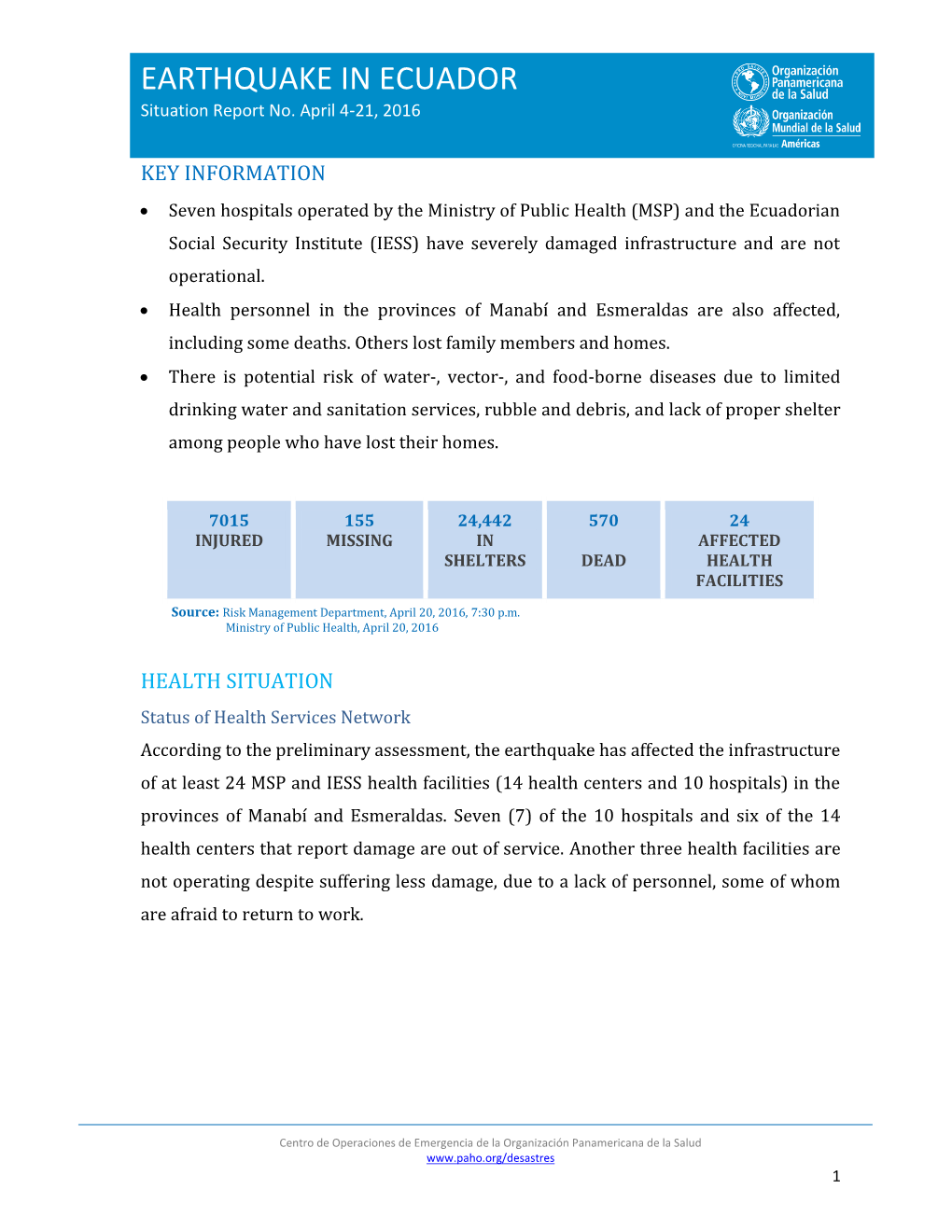 EARTHQUAKE in ECUADOR Situation Report No