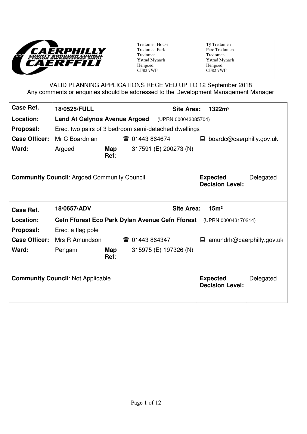 Page 1 of 12 VALID PLANNING APPLICATIONS RECEIVED up TO