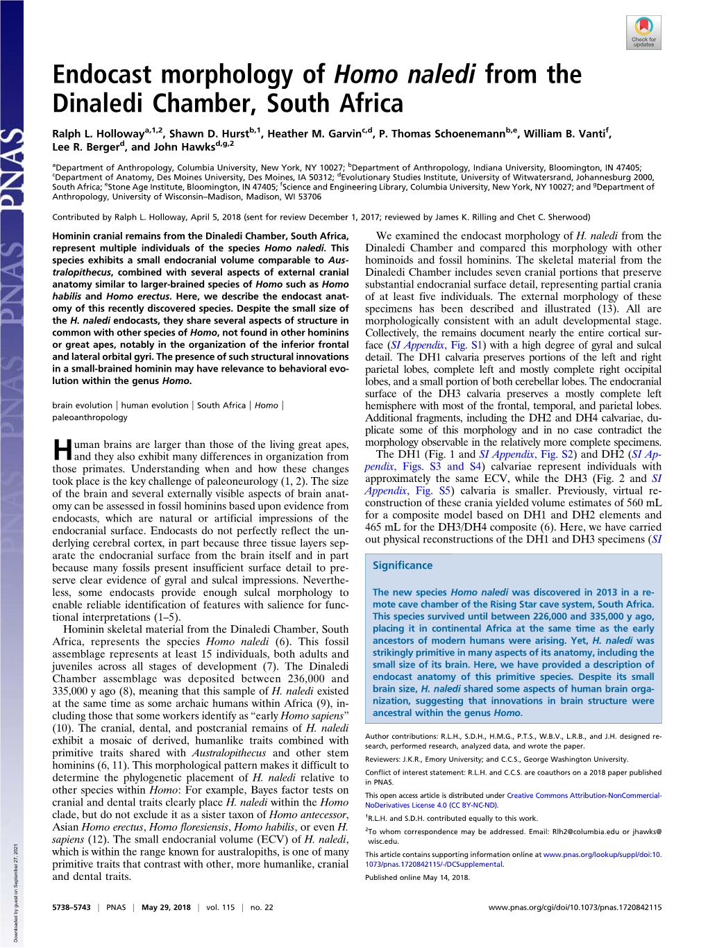 Endocast Morphology of Homo Naledi from the Dinaledi Chamber, South Africa