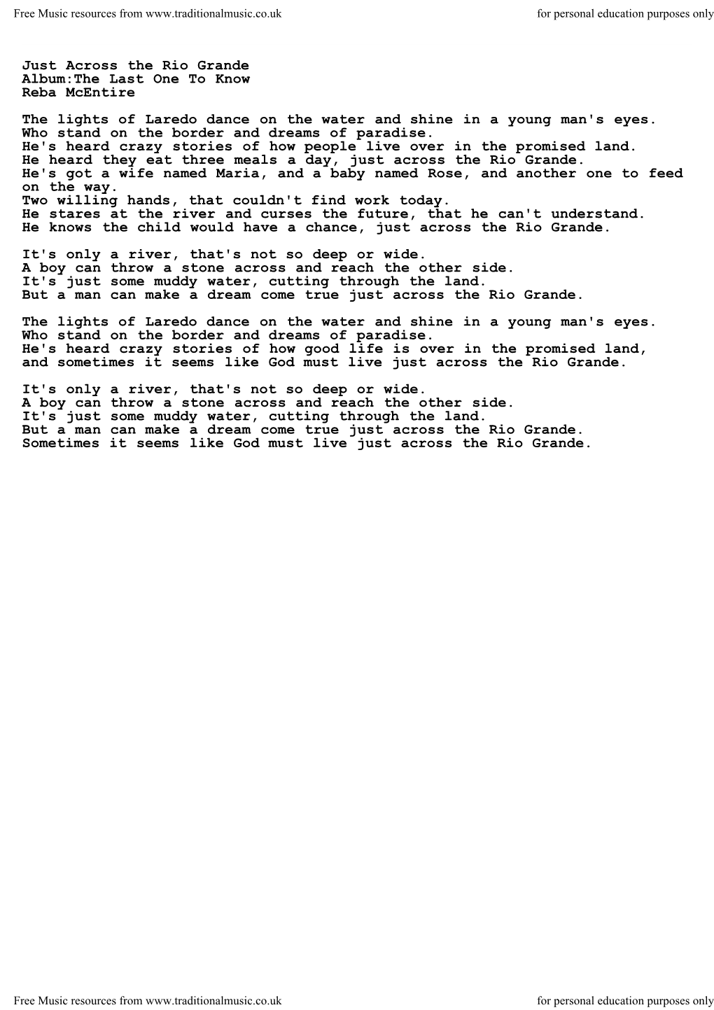 Just Across the Rio Grande Album:The Last One to Know Reba Mcentire the Lights of Laredo Dance on the Water and Shine in a Young Man's Eyes
